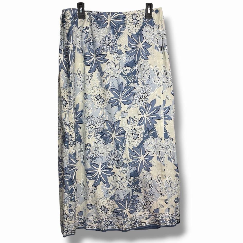 Talbots Womens Linen Blend Wrap Skirt Sz 14 Blue Hawaiian Floral Resort Cruise